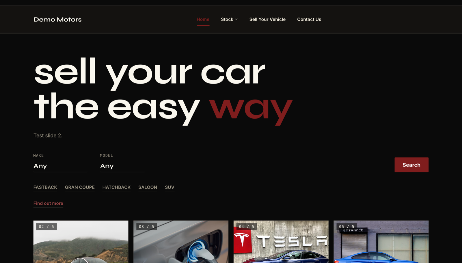 Berlin car dealer website template: a dark homepage dominated by very large lowercase typography with one phrase in the dealer's brand colour