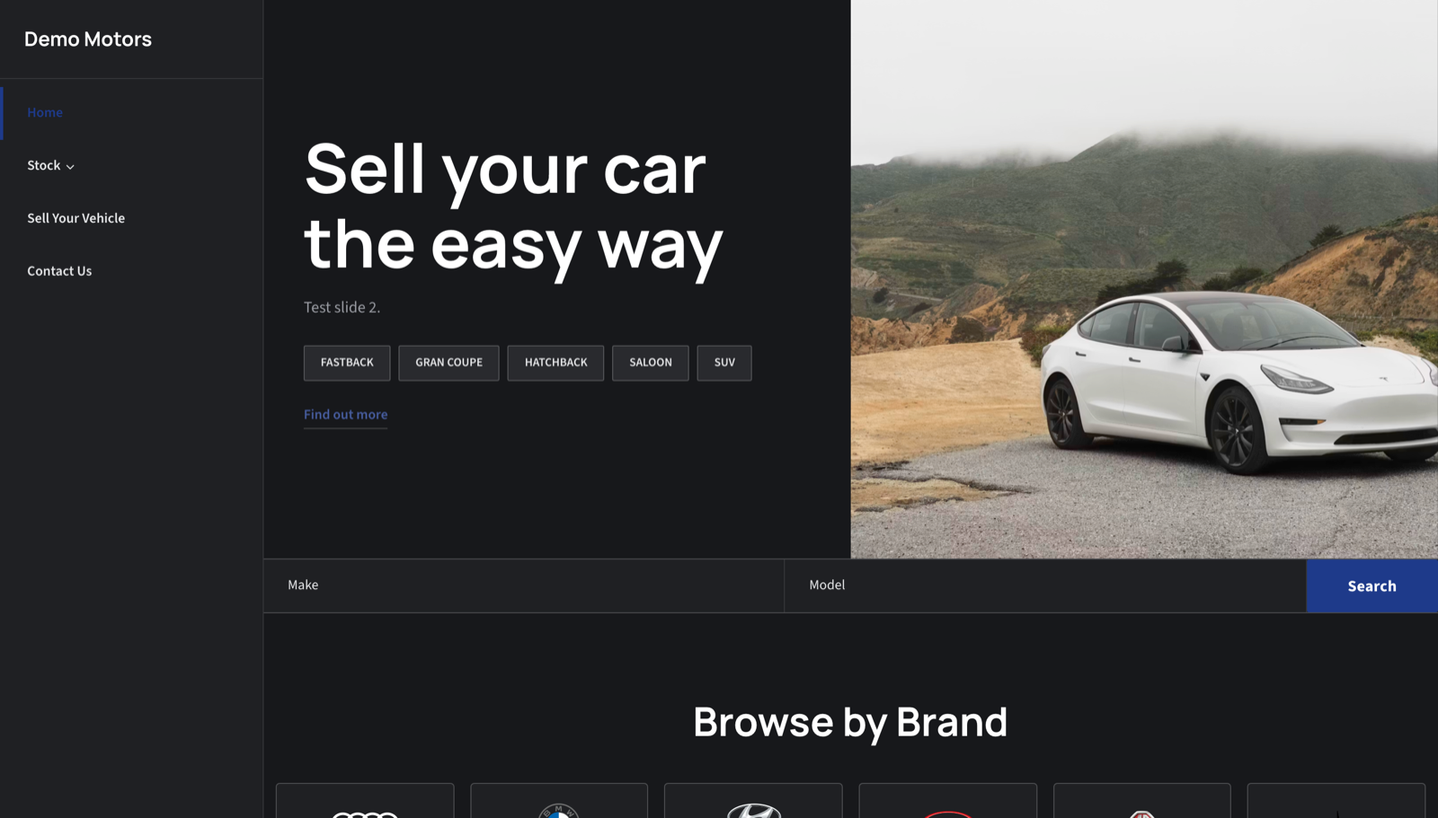 Osaka car dealer website template: a dark homepage with a fixed left-hand sidebar navigation and a tightly ruled vehicle grid