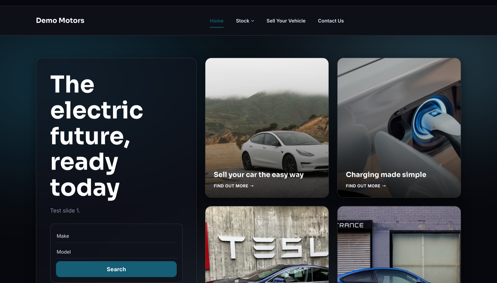 Reykjavik car dealer website template: a dark homepage built from tiles of different sizes with a soft wash of brand colour drifting across the background