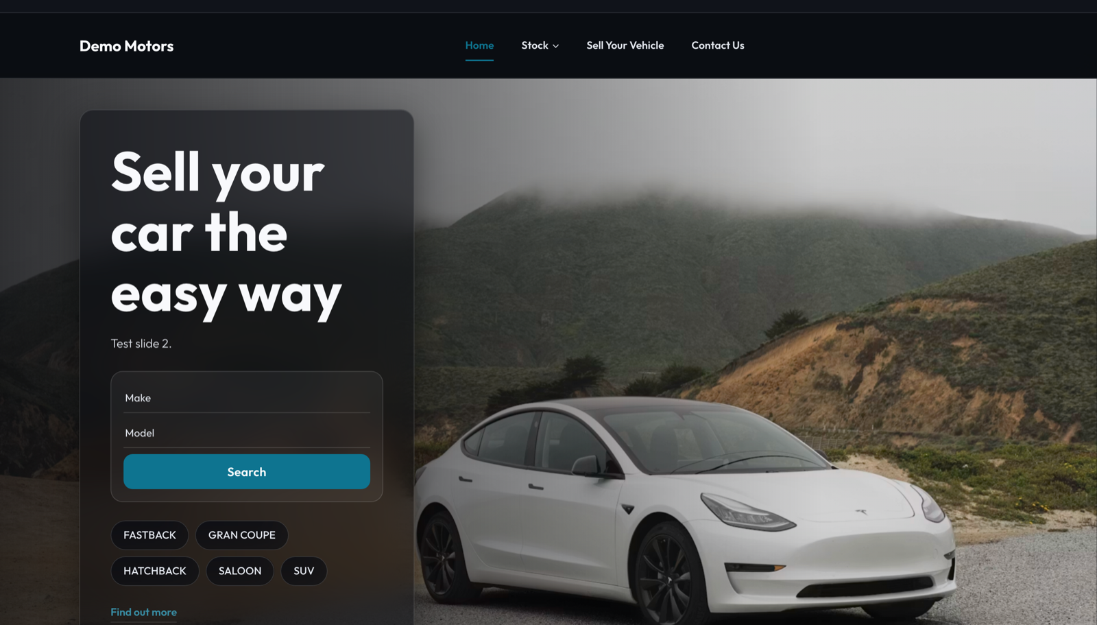 Shanghai car dealer website template: a dark, photography-led homepage with a frosted glass panel over a full-width vehicle photograph