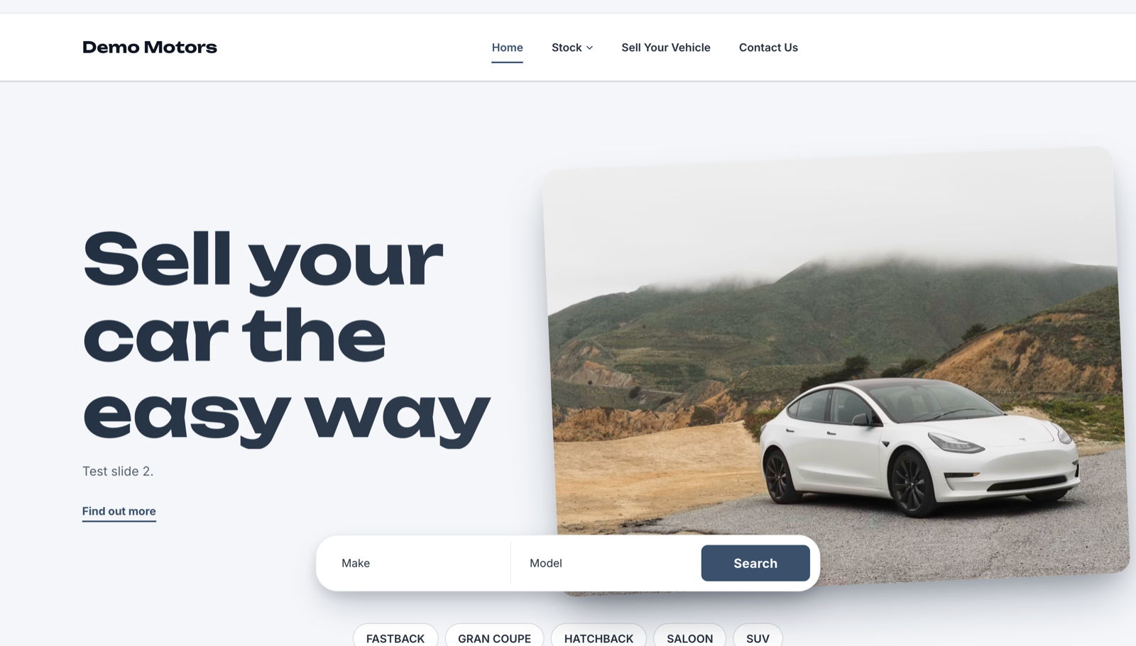 Stockholm car dealer website template: a bright grey-blue homepage with large lettering, an angled vehicle photograph and a floating rounded search bar
