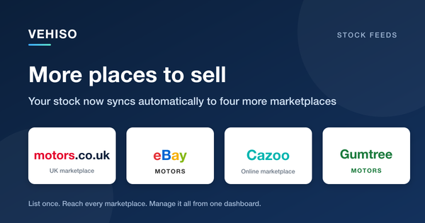More Places to Sell: Vehiso Now Sends Your Stock to Motors.co.uk, eBay Motors, Cazoo and Gumtree Motors